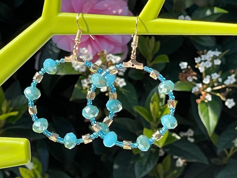 FIRE POLISHED HOOP EARRINGS seventies disco creole turquoise blue japanese Czech