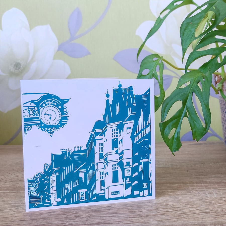 Winchester High Street original linocut print greeting card blank turquoise