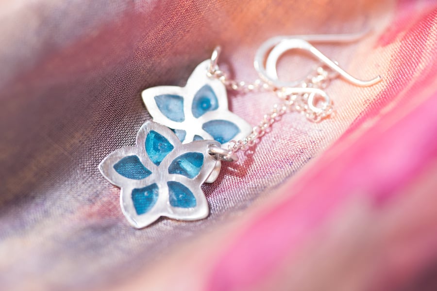 Plique a jour Blue Flower earrings, Silver Flower Earrings