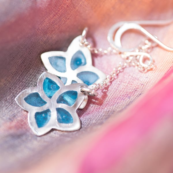 Plique a jour Blue Flower earrings, Silver Flower Earrings