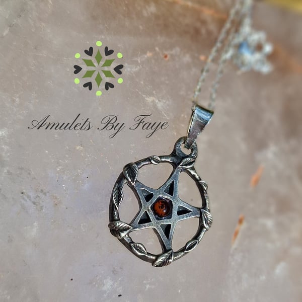 Pentagram Surrounded by Leaves Pendant with Amber Gemstone Necklace.