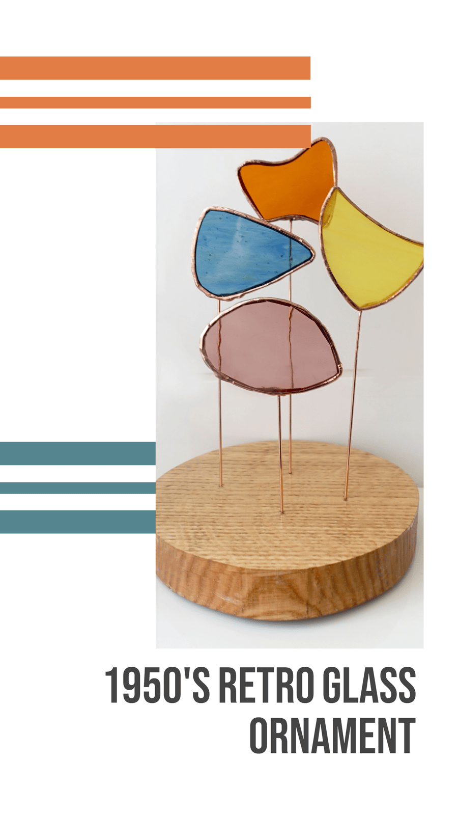 Retro 1950s style shapes Suncatcher Stained Glass Art Ornament on Ash wood