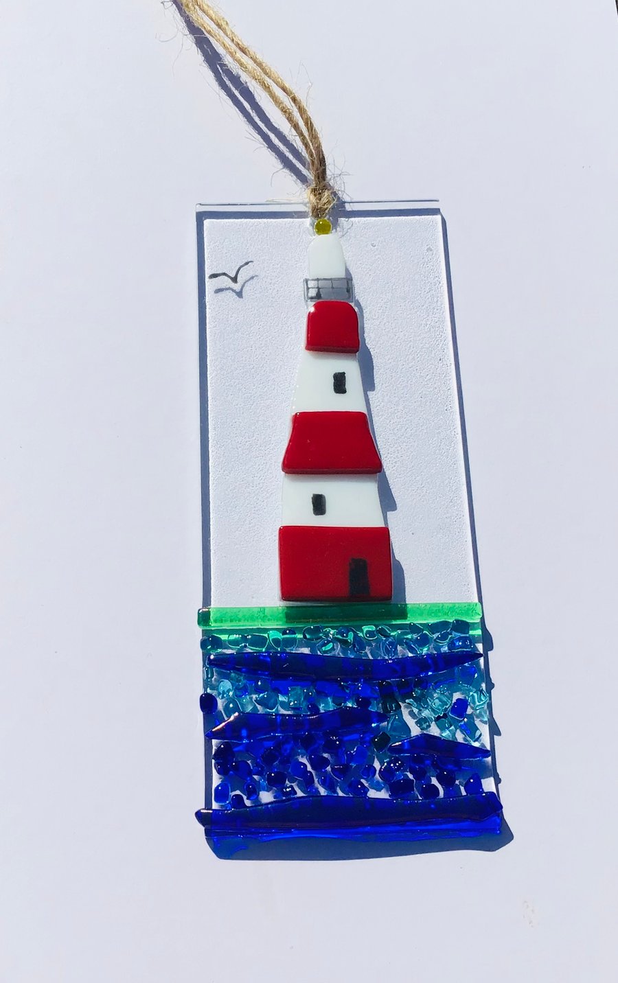 Fused glass sea and lighthouse hanging 