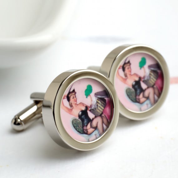 Vintage Erotic Pin Up Cufflinks - Black Corset and Stockings