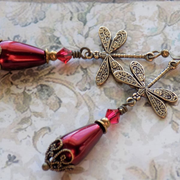 Bordeaux Red Crystal Pearl and Dragonfly Drop Earrings, Art Nouveau Style