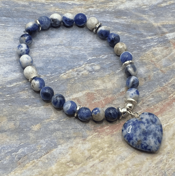 Sodalite stone stretchy bracelet with silver plated heishi beads