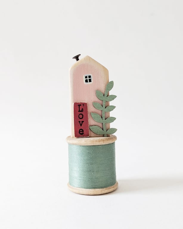 Little Wooden House on a Vintage Bobbin 'Love' 