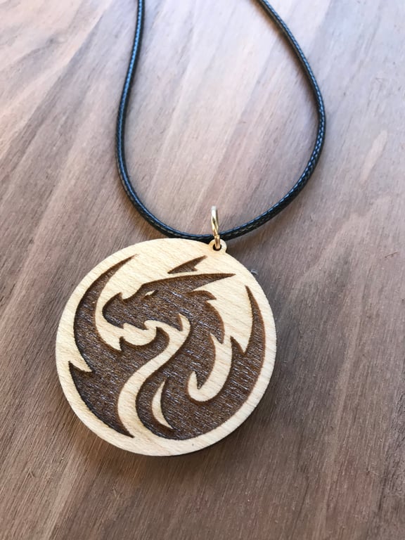 Wood dragon pendant necklace 