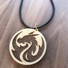 Wood dragon pendant necklace 