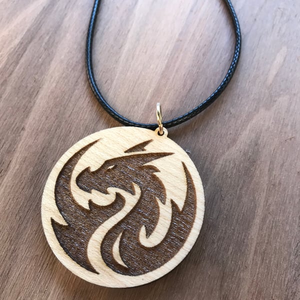 Wood dragon pendant necklace 