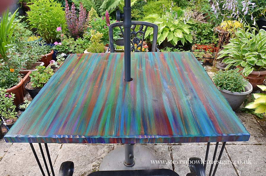 Outdoor Multi Coloured Bistro Table Marine Varnished with Metal Hair Pin Legs