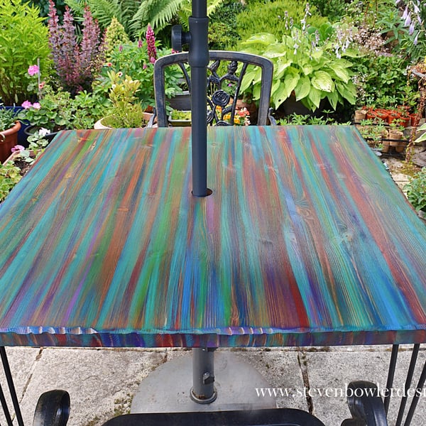 Outdoor Multi Coloured Bistro Table Marine Varnished with Metal Hair Pin Legs