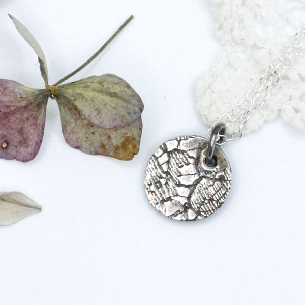 Silver Disc Pendant with Vintage Lace Pattern