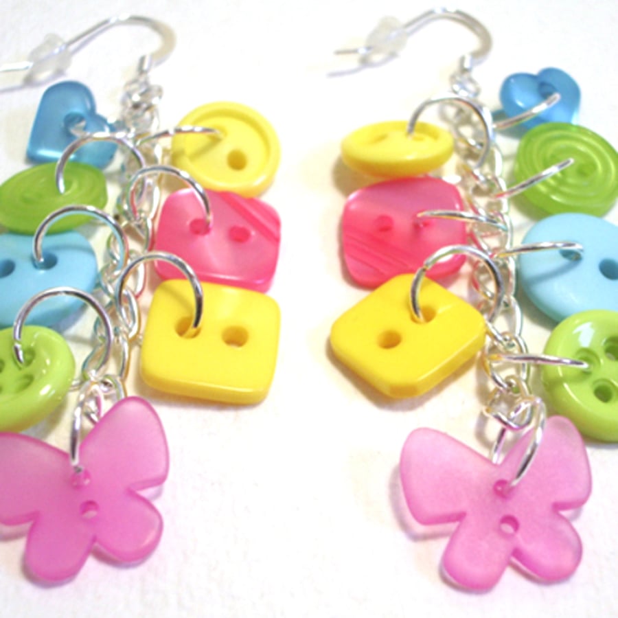 Lime,Pink,Yellow & Aqua button sterling silv drop earrings FREE UK SHIPPING