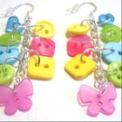 Lime,Pink,Yellow & Aqua button sterling silv drop earrings FREE UK SHIPPING