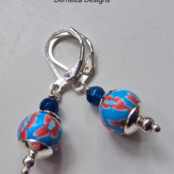 Dainty Polymer Clay Bead & Faceted Dyed Blue Agate Silver Plate Earrings