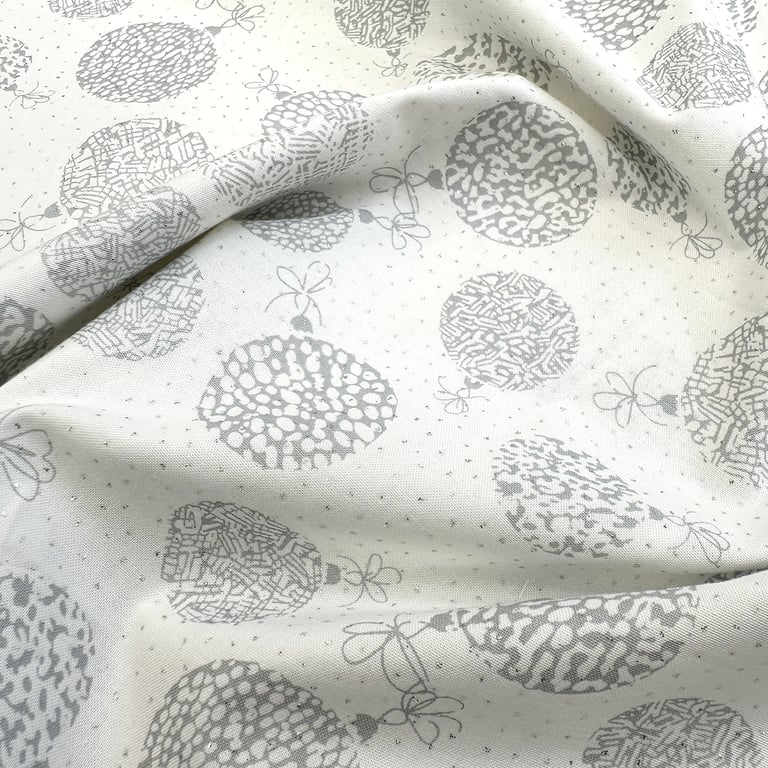 Christmas Fabric Silver Glitter Baubles White Cotton Craft Fabric - 1 Metre