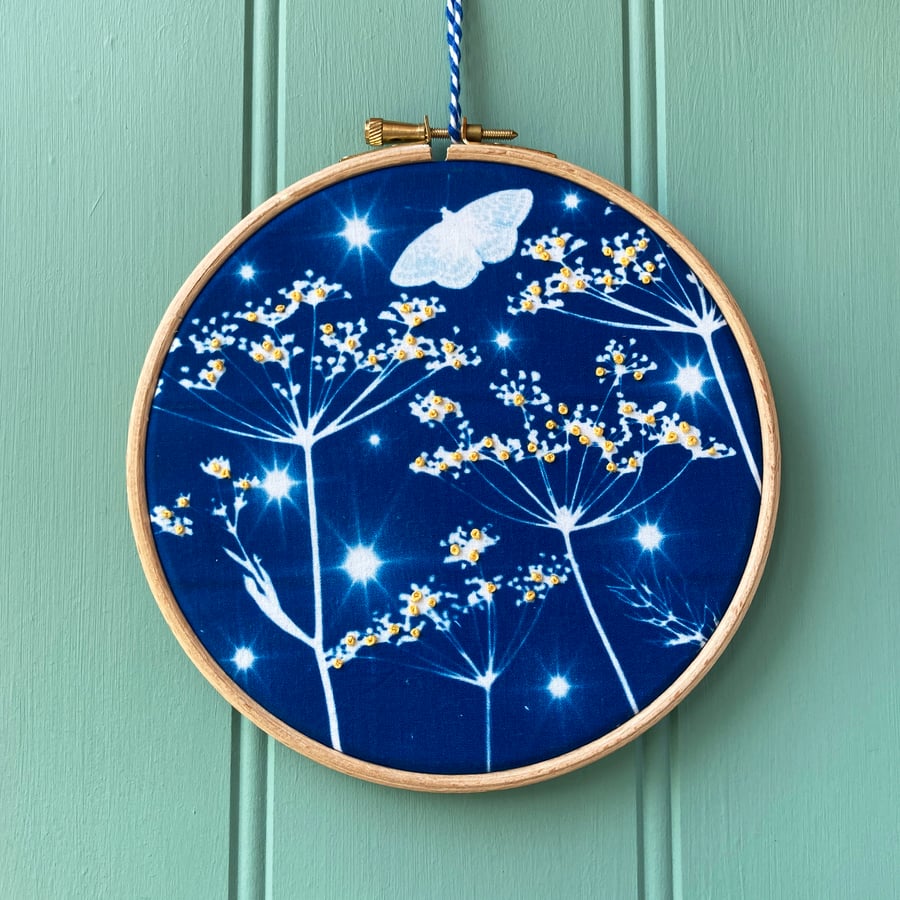 Embroidered Fennel, Moth & Stars Cyanotype hoop