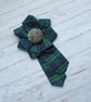 Black Watch Tartan Ruffle Rosette and Leaf Scroll Button Brooch Pin  - Image 2