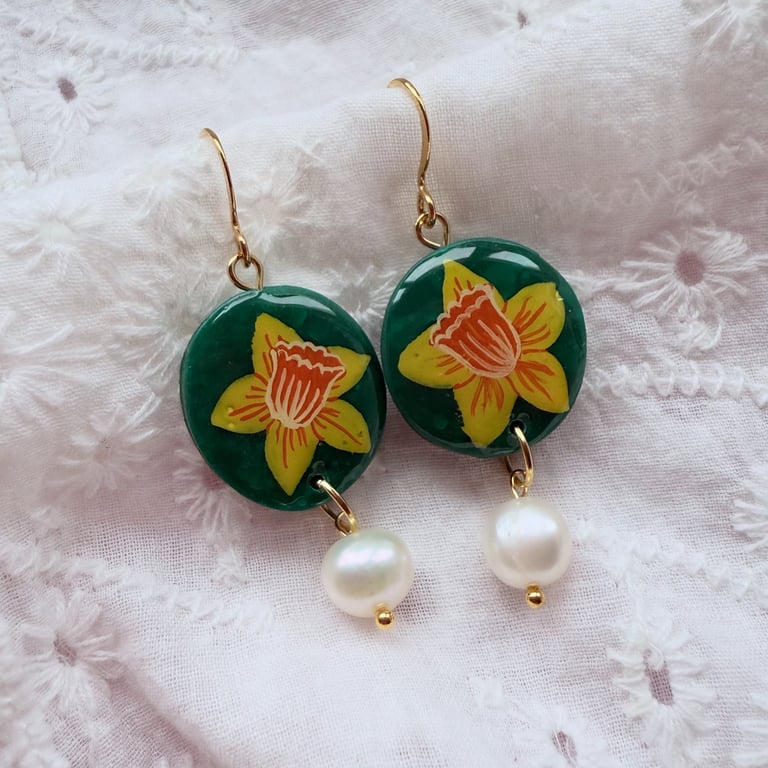 Daffodil Oval Earrings with Pearl drops - FREE DELIVERY
