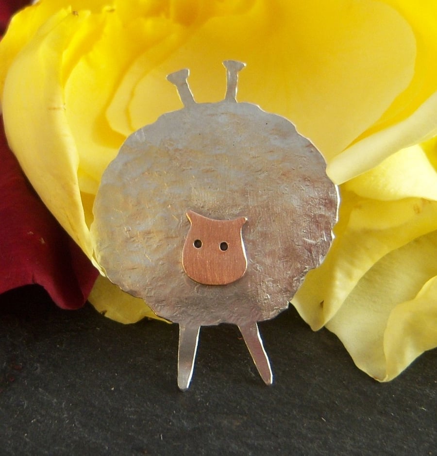 Sheep & knitting needles brooch