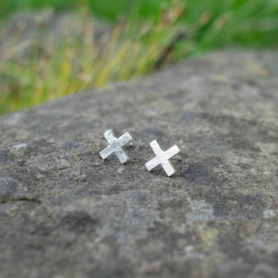 Silver X Cross Textured Stud Earrings