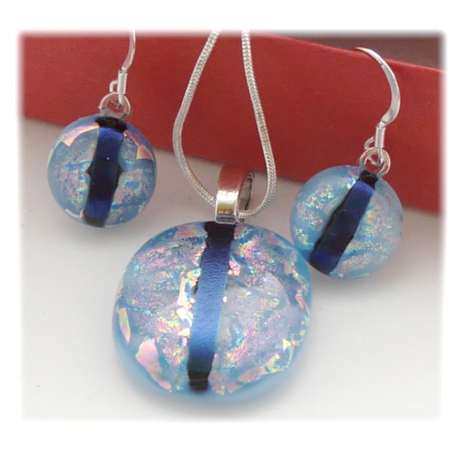 Dichroic Glass Pendant Earring Set 064 Aqua shimmer stripe silver plated chain