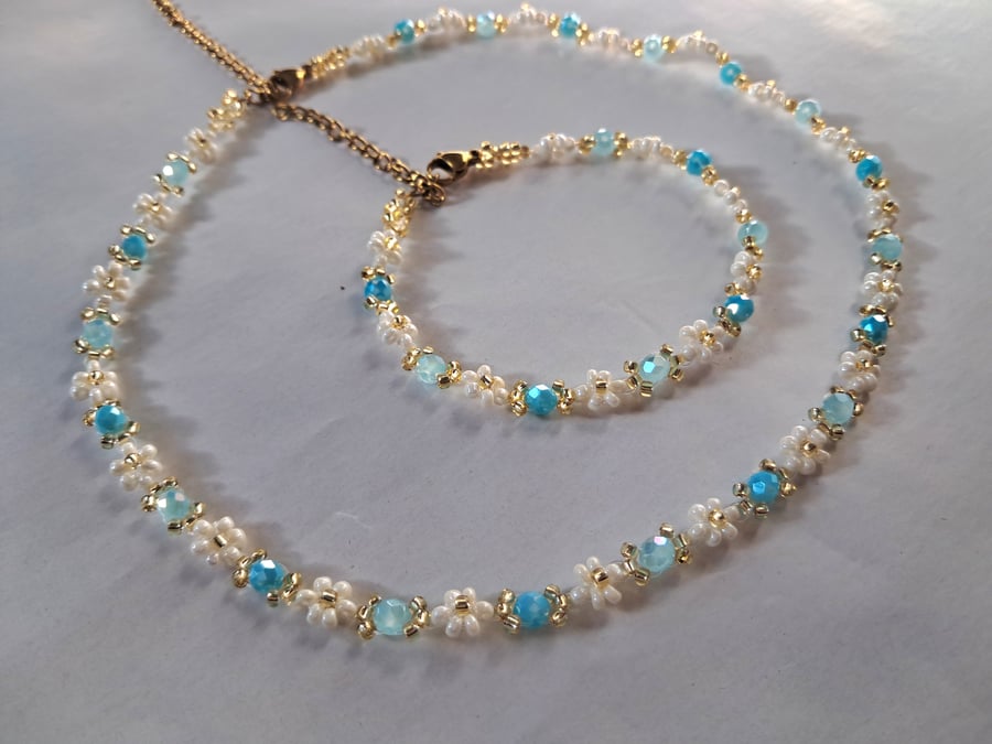 For Summer Days: Aqua Blue & Pearl White Beaded Necklace and Bracelet Set