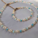 For Summer Days: Aqua Blue & Pearl White Beaded Necklace and Bracelet Set