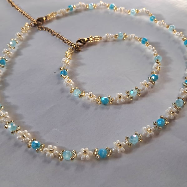 For Summer Days: Aqua Blue & Pearl White Beaded Necklace and Bracelet Set