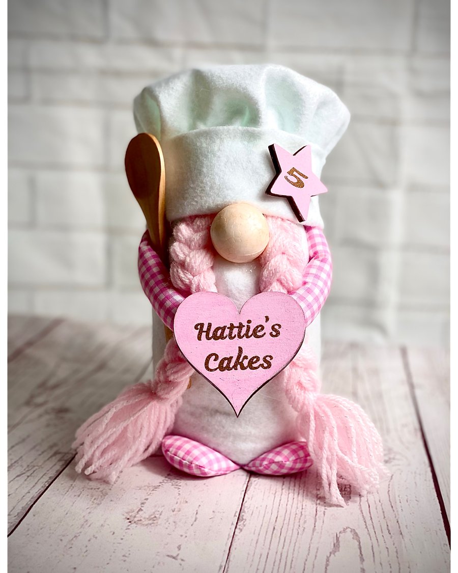 Personalised Pink Gingham Chef Gnome