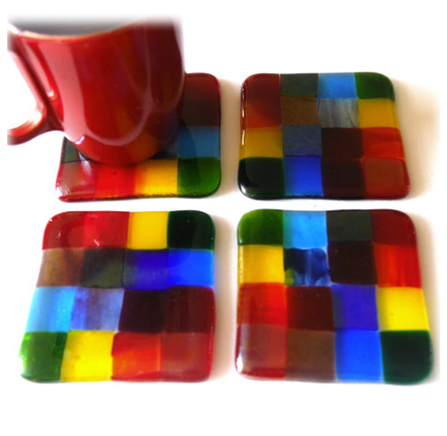 Rainbow Patchwork Fused Glass Coaster 8cm Set of 4