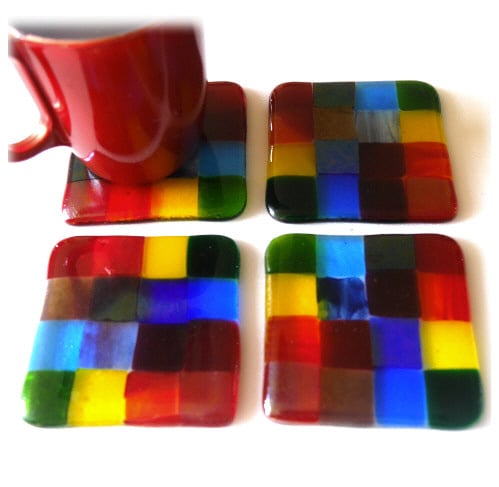 Rainbow Patchwork Fused Glass Coaster 8cm Set of 4