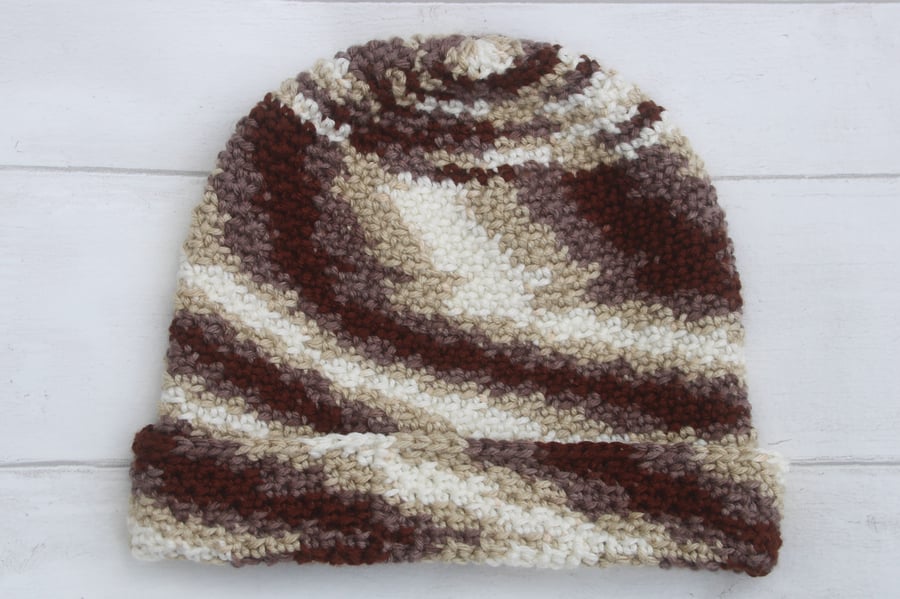 Men's Hat - Beanie Hat - Slouchy Hat - Brown Beige and Cream