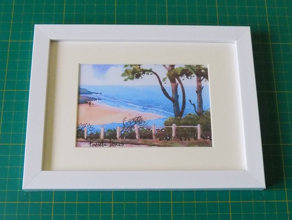 Caswell Bay, Gower, Watercolour Print in 7 x 5'' White Frame
