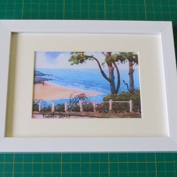 Caswell Bay, Gower, Watercolour Print in 7 x 5'' White Frame