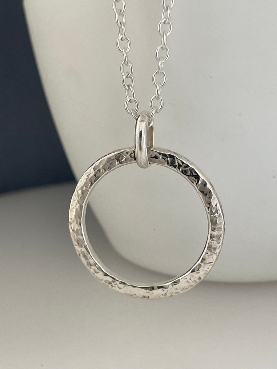 Sterling Silver Circle Pendant Necklace Hammered-Sparkly Lengths 16-26 Inches