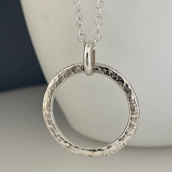 Sterling Silver Circle Pendant Necklace Hammered-Sparkly Lengths 16-26 Inches