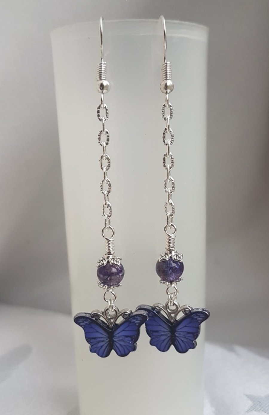 Gorgeous Dangly Purple Butterfly Earrings - Silver Tones.