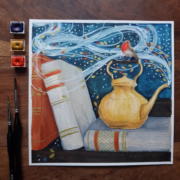 Robin perched on a teapot amongst books original art