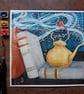 Robin perched on a teapot amongst books original art - Image 1