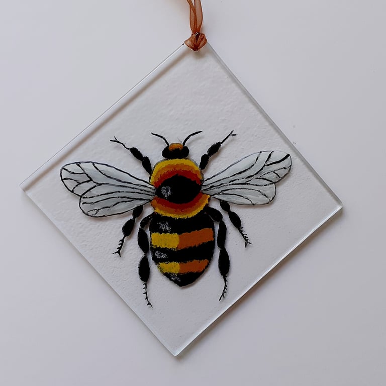 Fused glass painted bee suncatcher hanging decoration