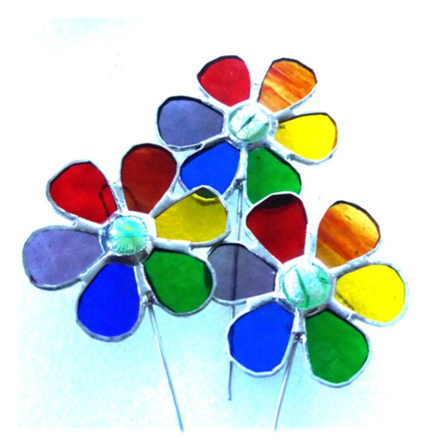 Rainbow Flower Stained Glass Plant Stick Suncatcher 