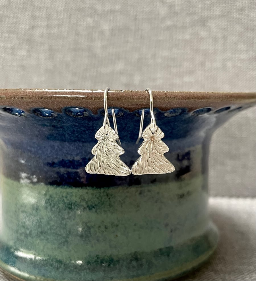 Christmas tree drop earrings, made from fine silver