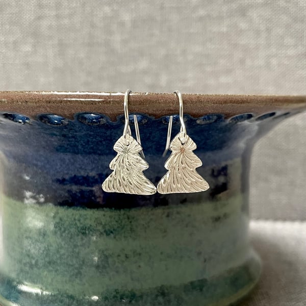 Christmas tree drop earrings, made from fine silver