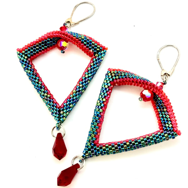 Red & Blue Iris Dangle Drop Triangle Earrings