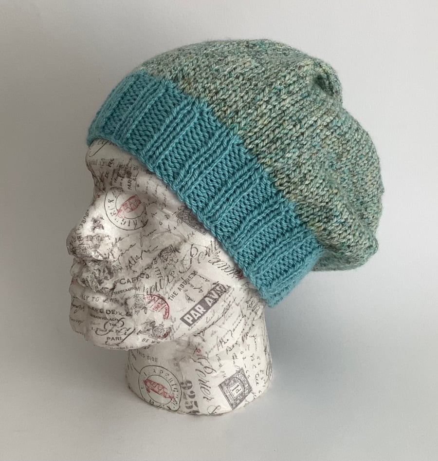 SLOUCH BEANIE hat . ' Riverside' . Soft , wool blend . Blues,Greens.