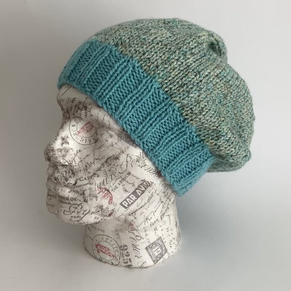 SLOUCH BEANIE hat . ' Riverside' . Soft , wool blend . Blues,Greens.