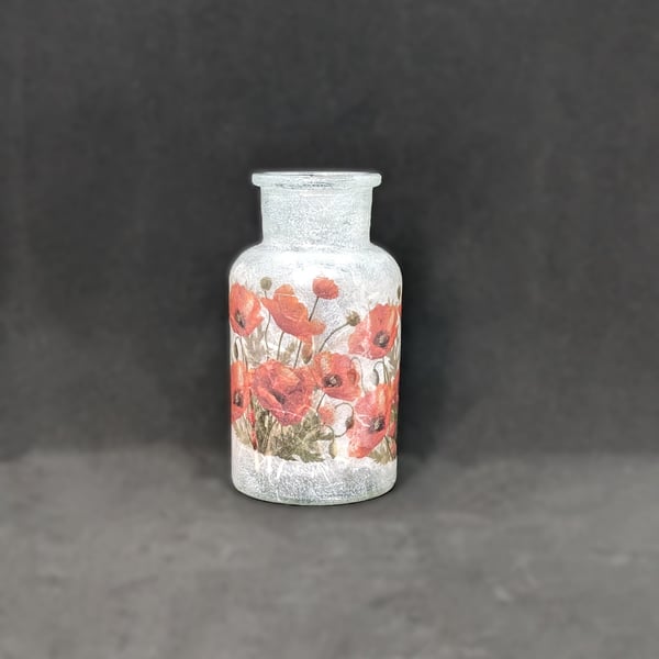 Handcrafted, Decoupage, poppy themed, small glass vase