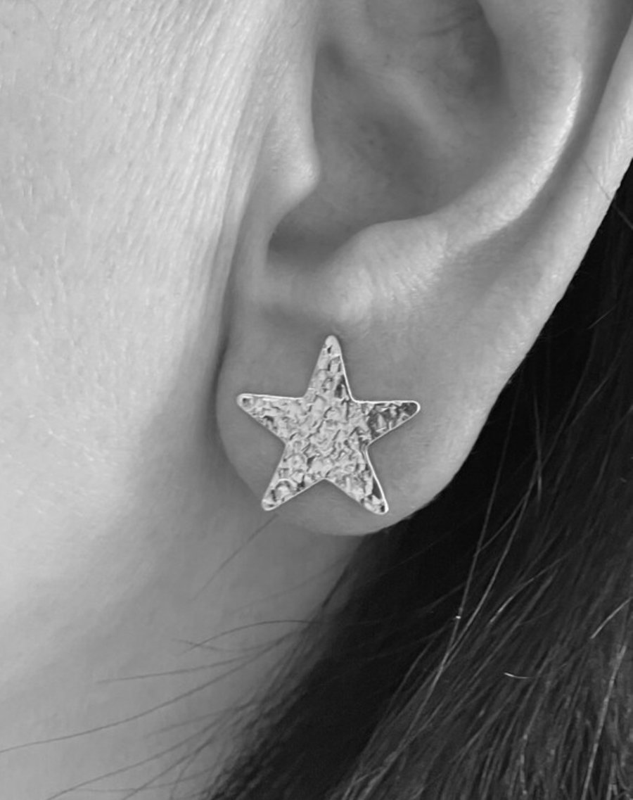 Sterling Silver Star Ear Stud Earrings 15mm Hammered Sparkly Handmade